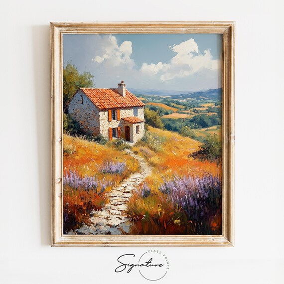 Stone Cottage Hilltop Lavender Wildflowers Golden Hour Poster