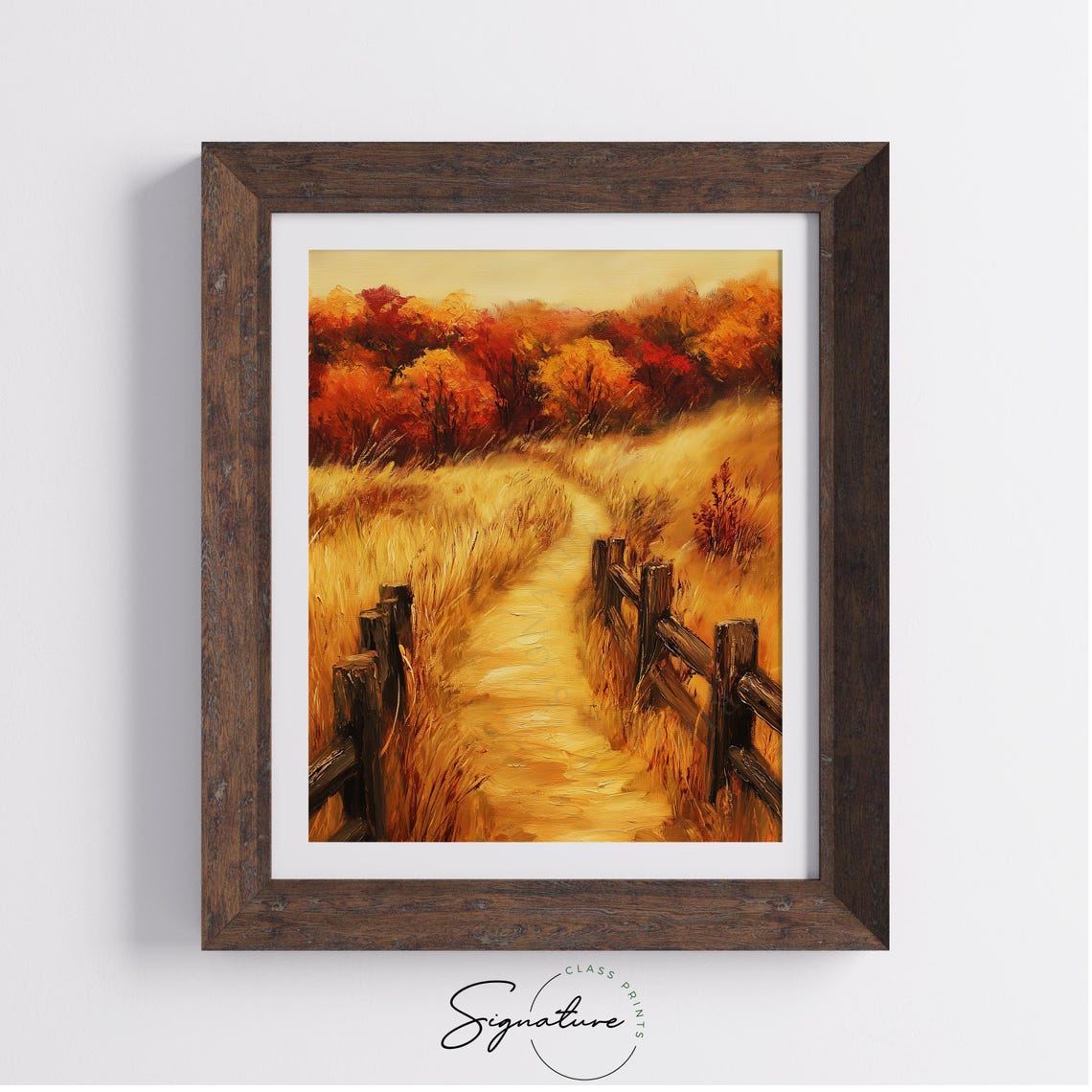 Golden Country Path with Split Rail Fences and Crimson Trees Poster - Image 4