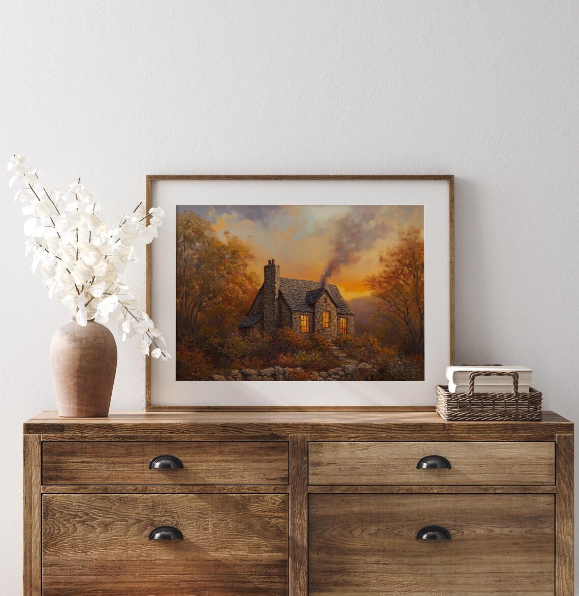 Cozy Stone Cottage Autumn Sunset Painting Glowing Windows Fall Decor Poster - Image 3