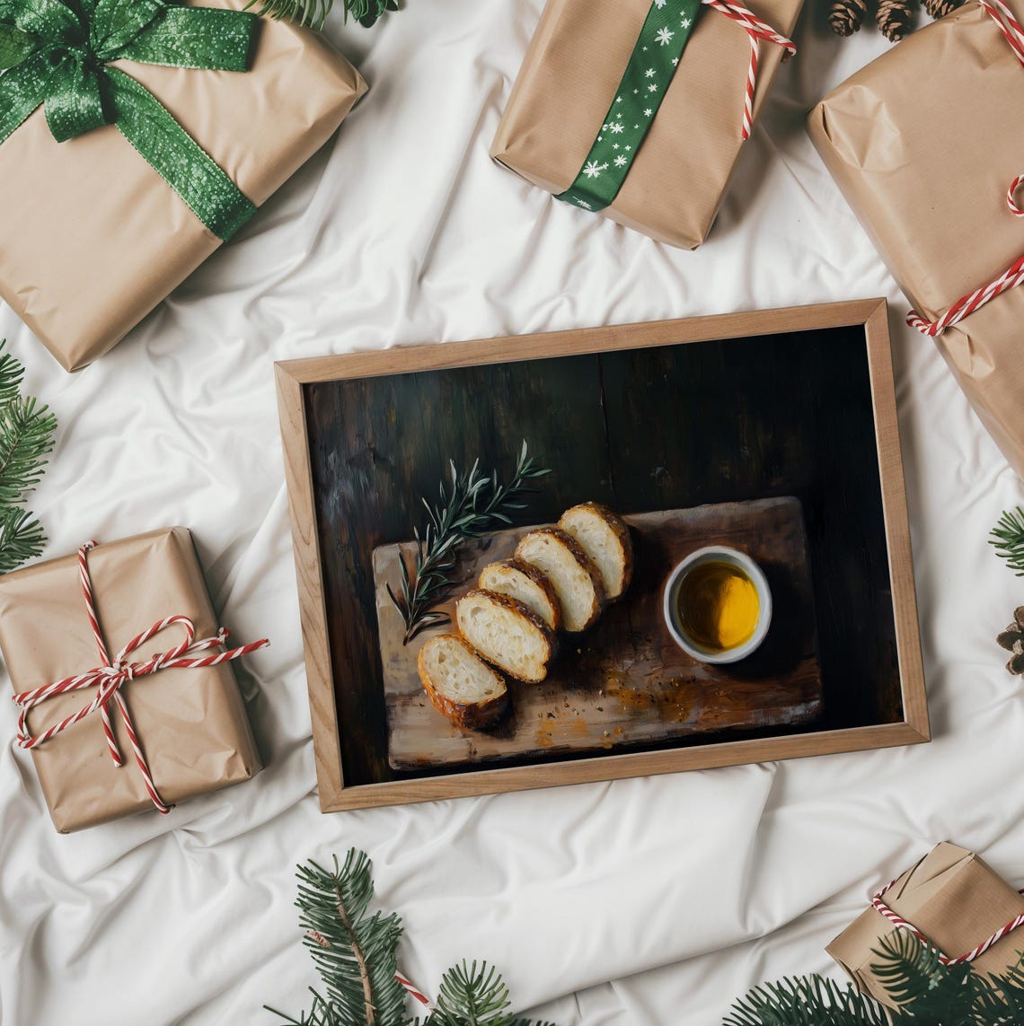 Sliced Bread With Olive Oil And Rosemary On Dark Wood Kitchen Wall Art - Image 2