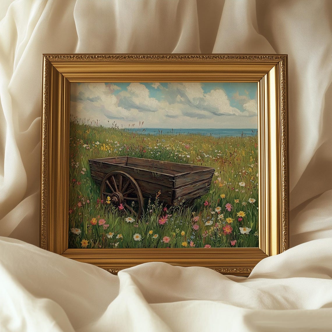 Old Wooden Wagon Wildflower Meadow Seaside Rustic Landscape Painting - Image 5