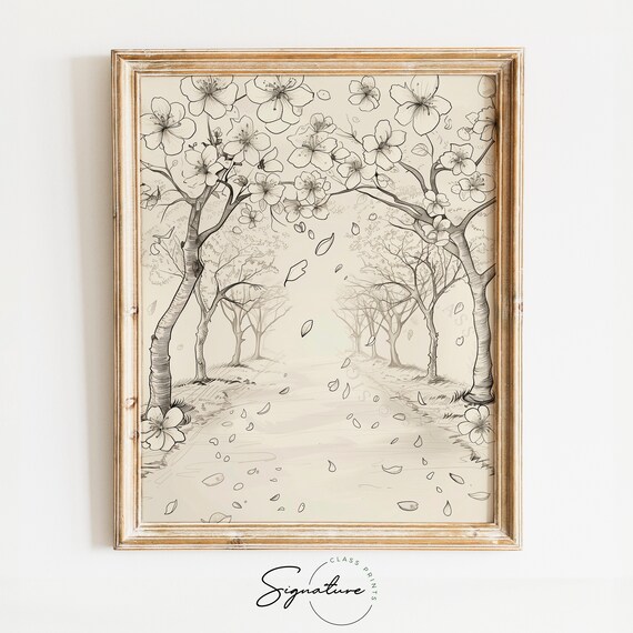Cherry Blossom Trees Over Path Blooming Botanical Sketch Art Poster