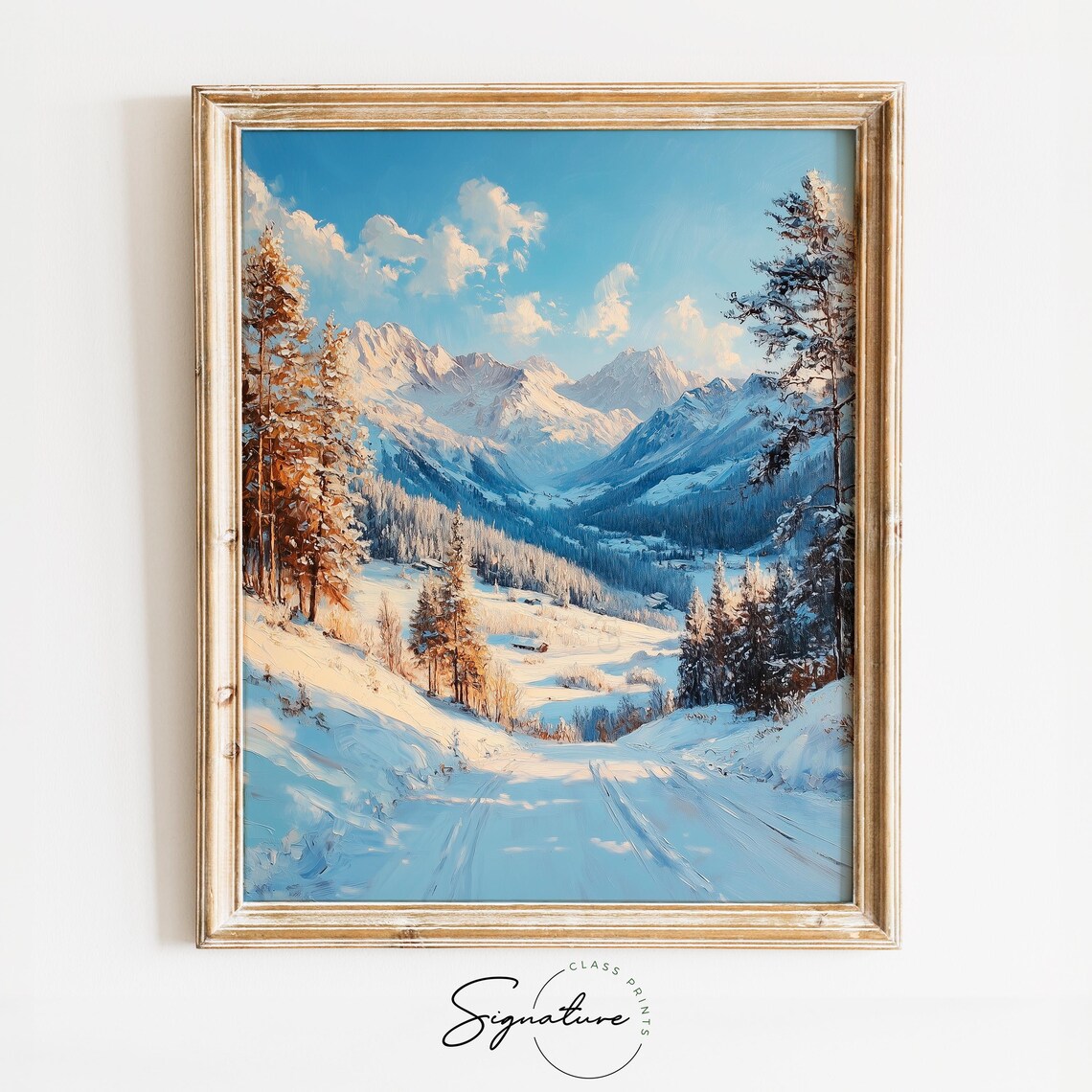 Bright Alpine Morning Snowy Forest Path To Snowy Peaks Oil Painting Poster