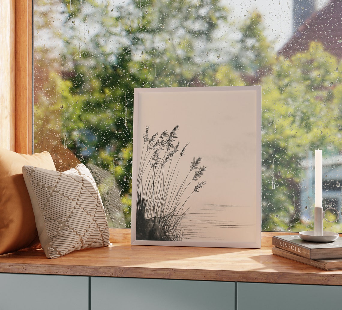 Tall Wild Grasses By Calm River Minimalist Ink Sketch Poster - Image 2
