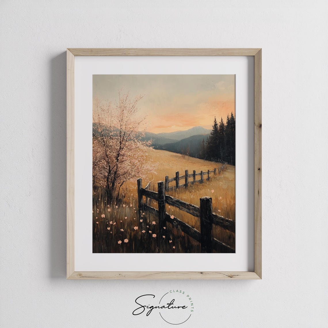 Blossoming Tree Wooden Fence Sunset Over Golden Hills Landscape Poster - Image 3