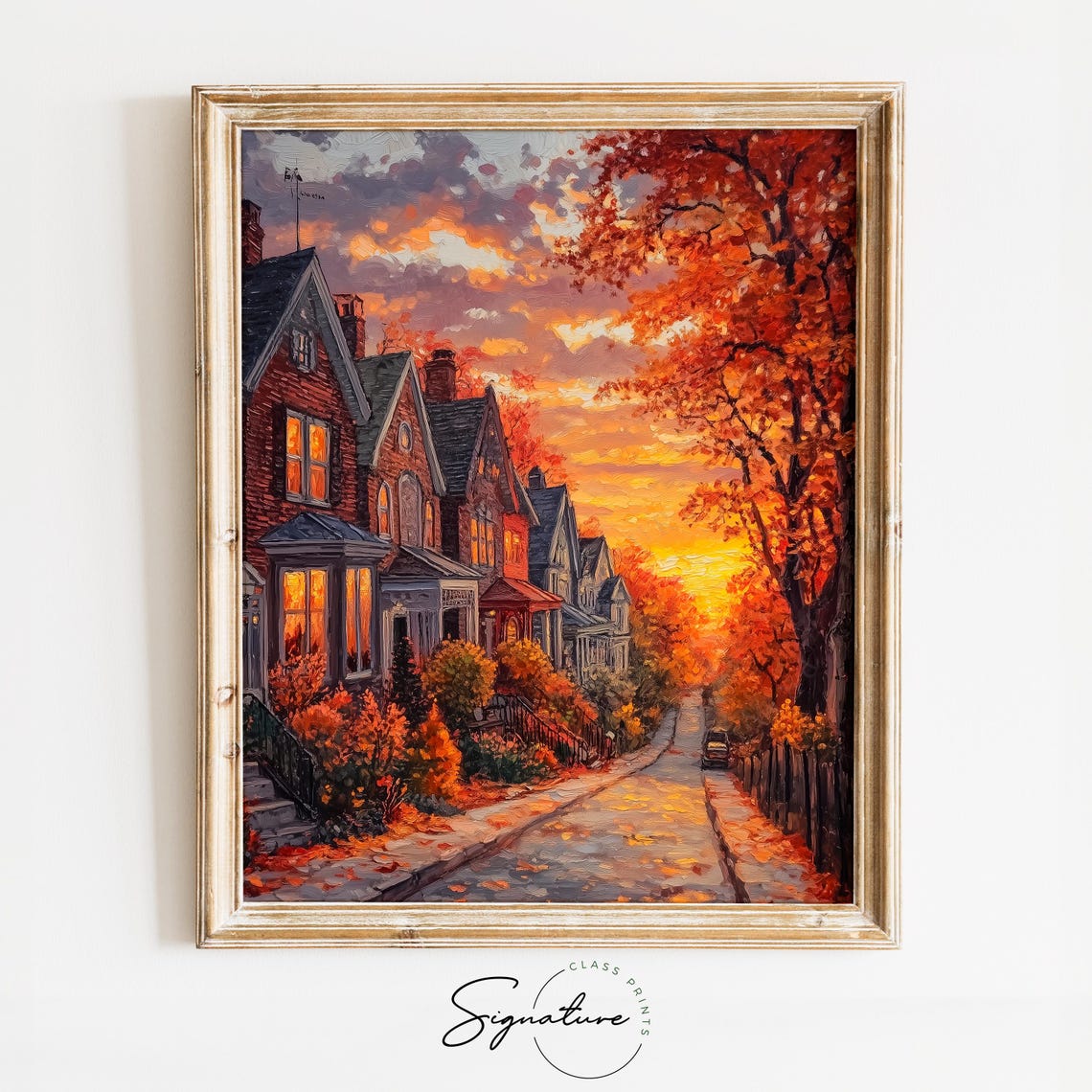 Brick Rowhouses Glowing at Dusk on a Cozy Autumn Street Poster