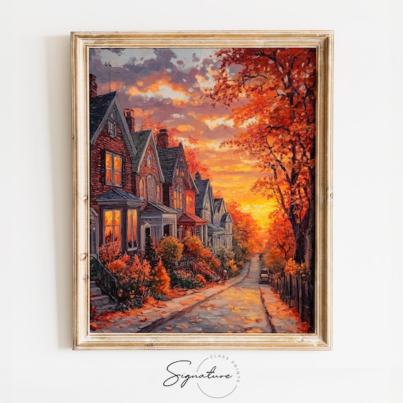 Brick Rowhouses Glowing at Dusk on a Cozy Autumn Street Poster