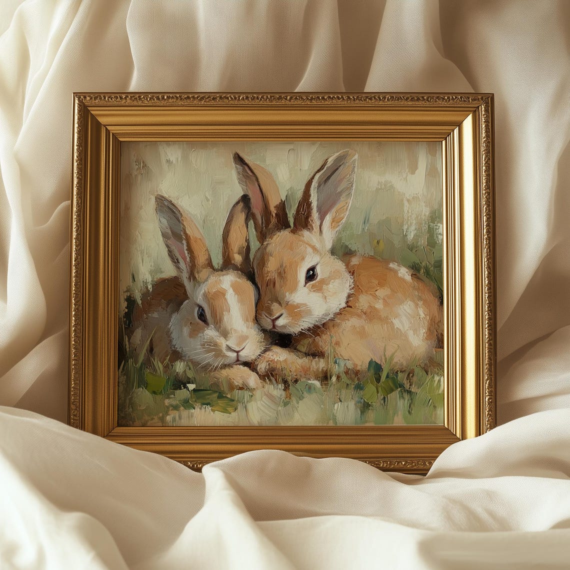 Two Rabbits Cuddling in Meadow Spring Bunny Pair Oil Painting Poster - Image 5