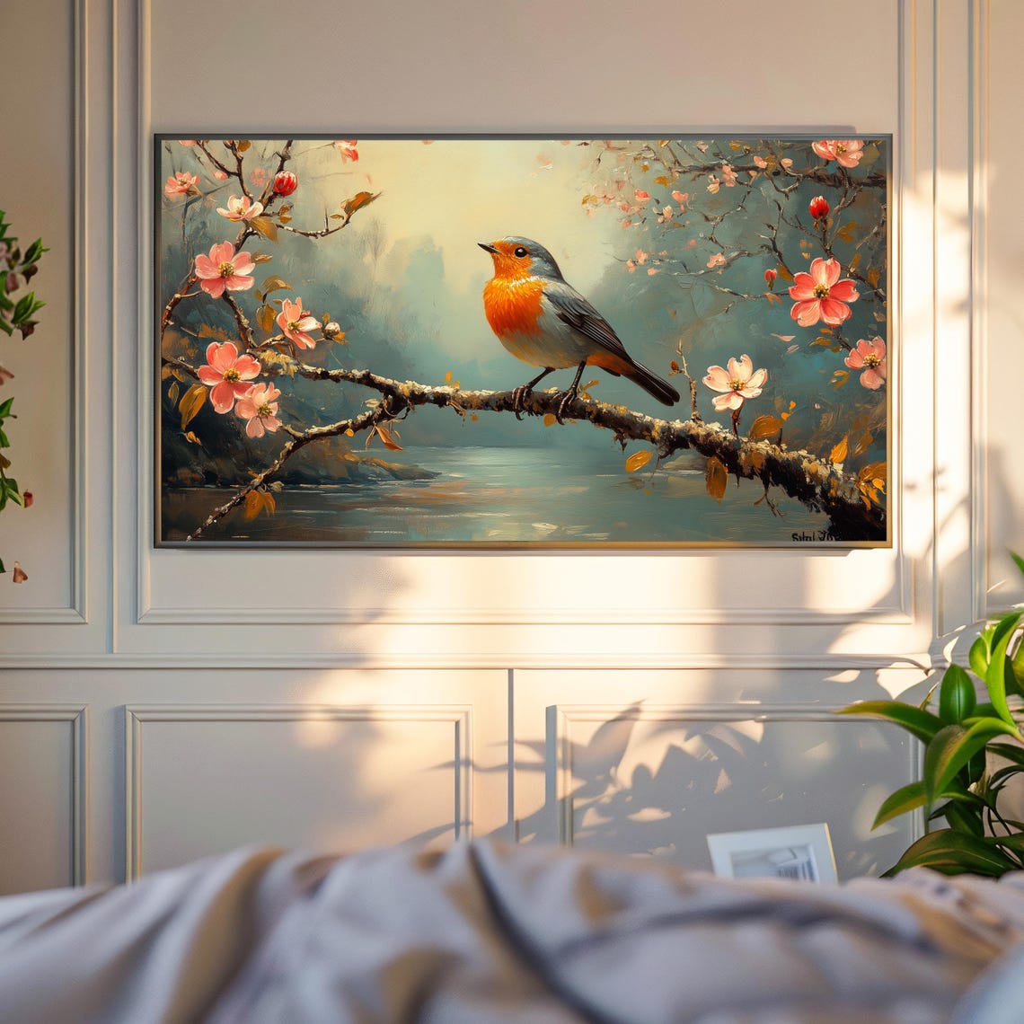 Robin On Flowering Branch Over Misty River Spring Nature Poster - Image 4