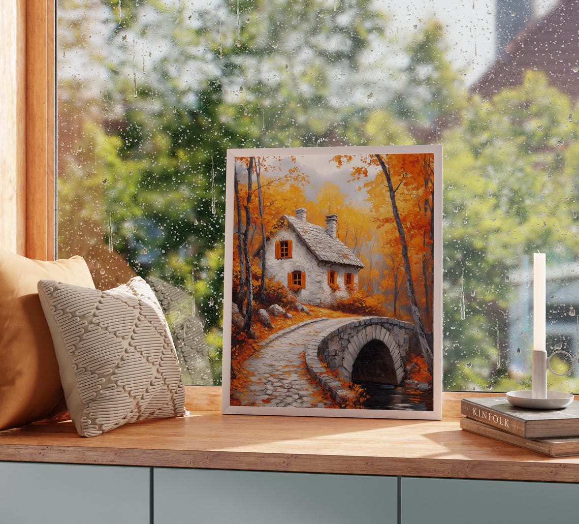 Autumn Stone Cottage Arched Bridge Forest Orange Shutters Poster - Image 2
