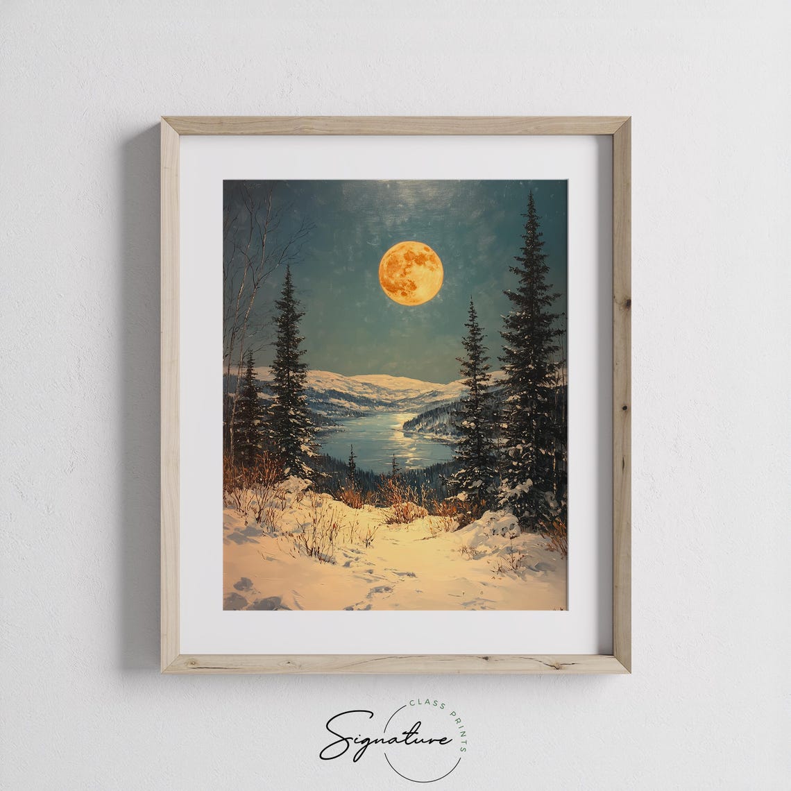 Golden Full Moon over Snowy Lake and Mountains Night Sky Poster - Image 2