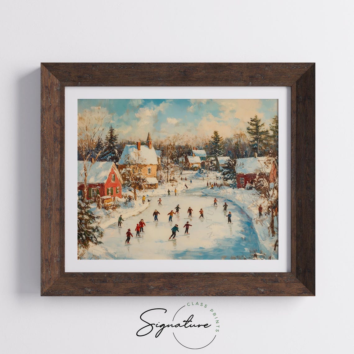 Village Skaters On A Frozen River Beneath Snow Covered Cottages Poster - Image 5