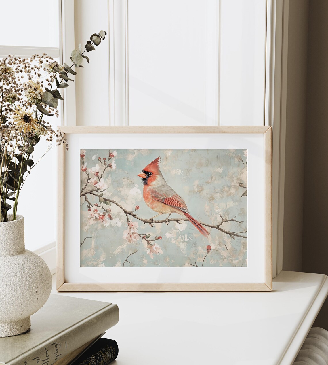 Bright Cardinal On Frosted Blossom Branch Vintage Bird Painting Poster - Image 6