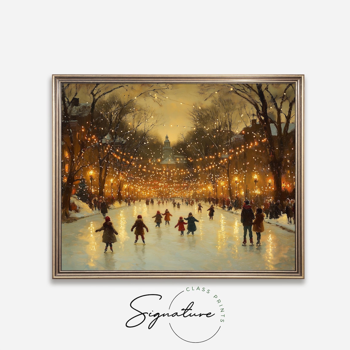 Ice Skaters Under String Lights on Night Rink Winter Holiday Art Poster - Image 4