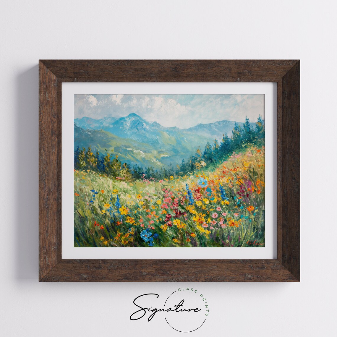 Wildflower Meadow with Blue Mountains Impressionist Oil Painting Poster - Image 5