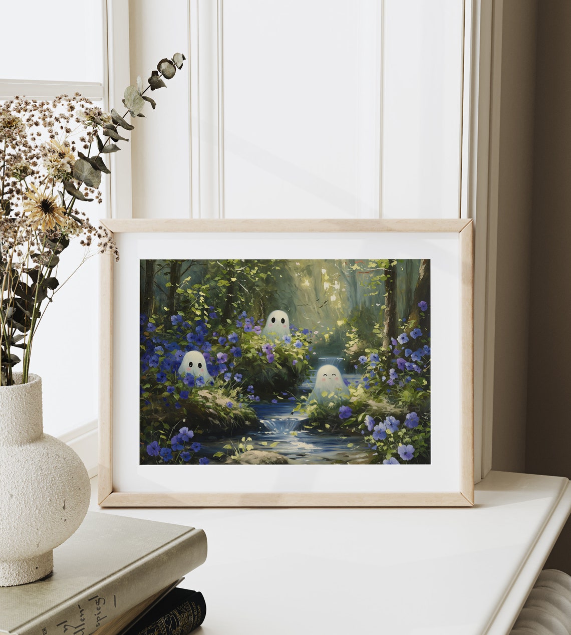 Cute Ghosts With Purple Flowers Painting Adorable Ghosts Discovering Delicate Flowers Whimsical Nature Decor Fall Wall Art 1039 - Image 6