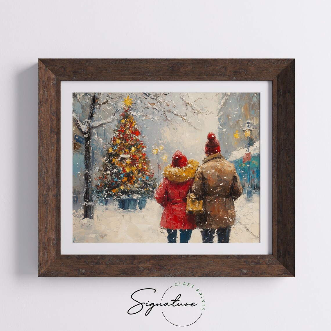 Couple Walking to Christmas Tree on Snowy City Street Poster - Image 5