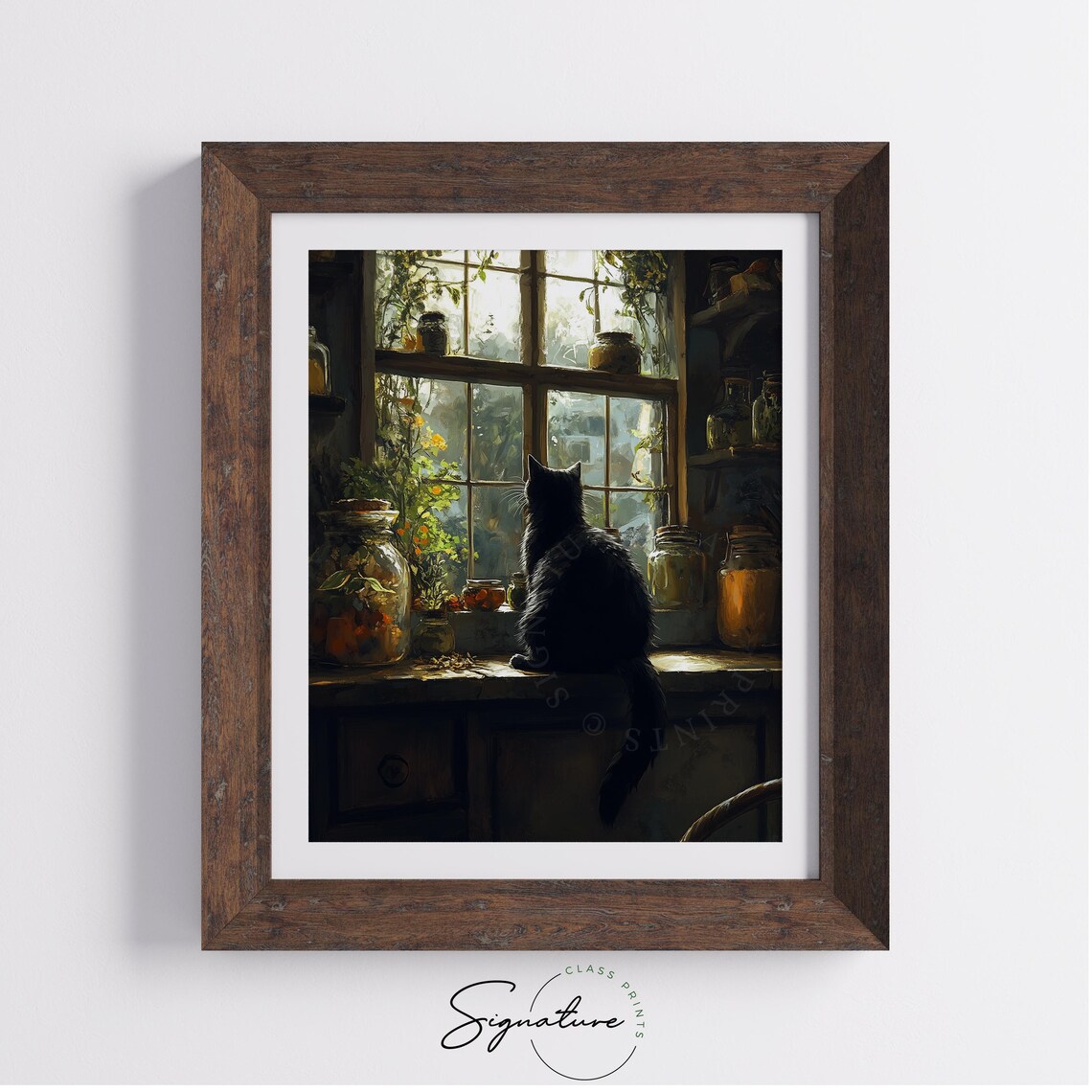 Black Cat Kitchen Windowsill Warm Light Rustic Potions Herbs Art Poster - Image 4