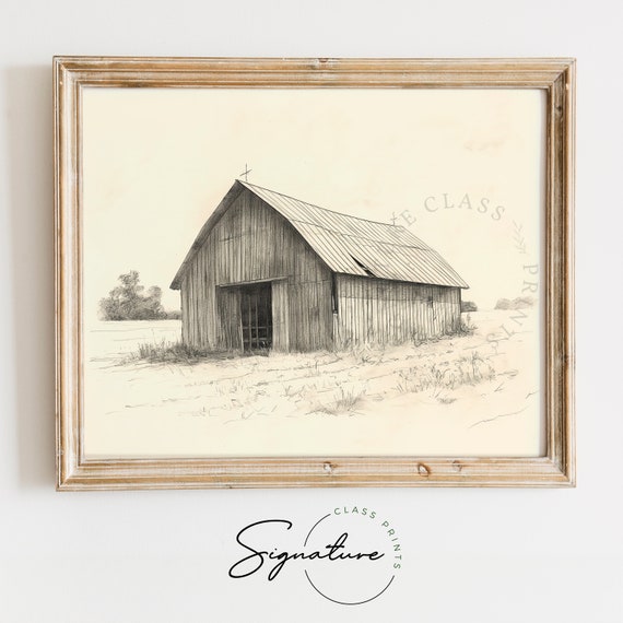Rustic Barn In The Countryside Sketch Countryside Barn Illustration Vintage Rural Decor Rustic Farmhouse Print Farm Art 908