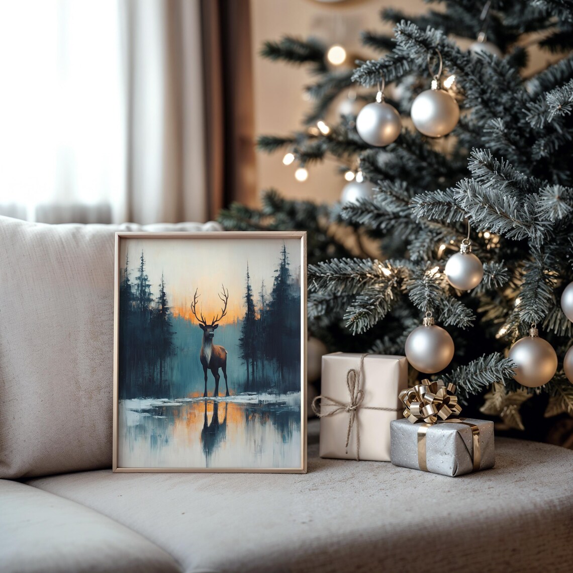 Reindeer Standing in Water at Sunset Wildlife Oil Painting Print - Image 5