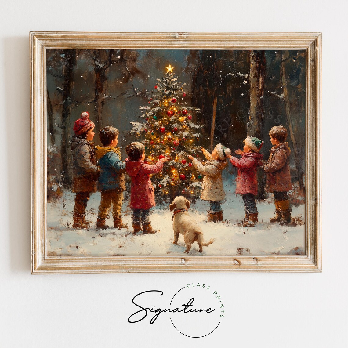 Six Children And A Puppy Decorating A Snowy Christmas Tree Poster