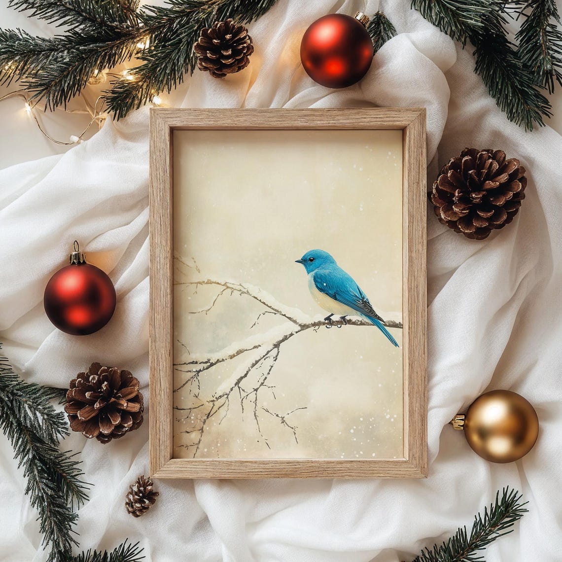 Bluebird Perched on a Snow Covered Branch Winter Bird Poster - Image 4