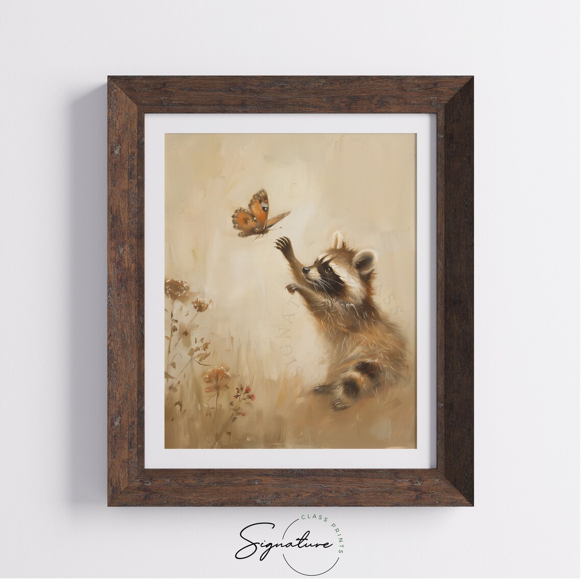 Playful Baby Raccoon Reaching for Butterfly in Meadow Poster - Image 4