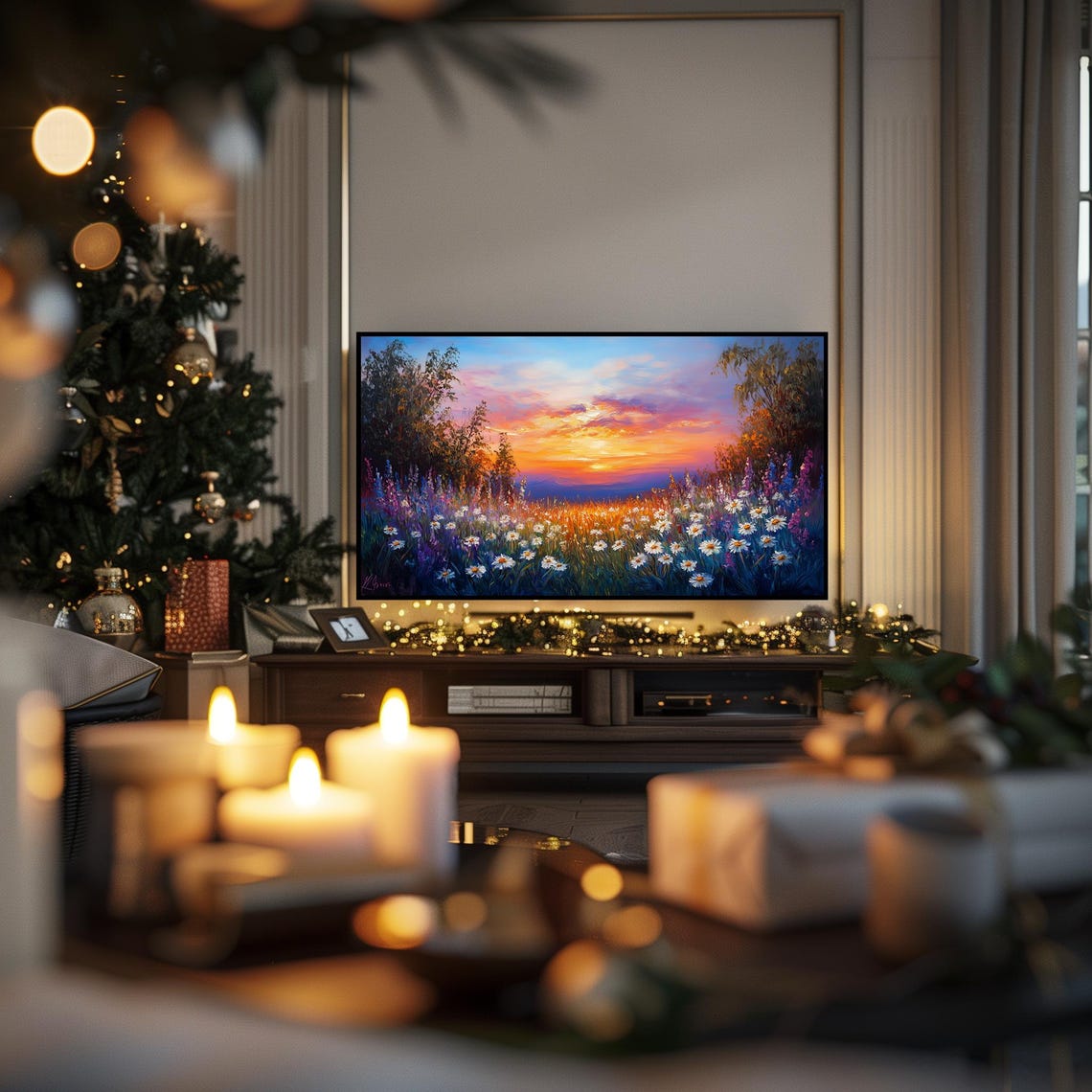 Wildflower Meadow At Golden Sunset Colorful Frame TV Wall Art - Image 3