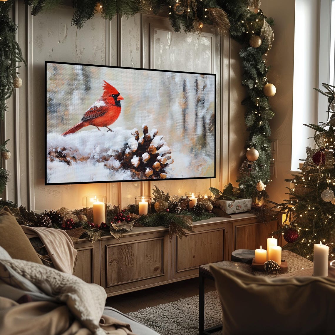 Bright Red Cardinal Resting On Snowy Pinecone Winter TV Art Poster - Image 3
