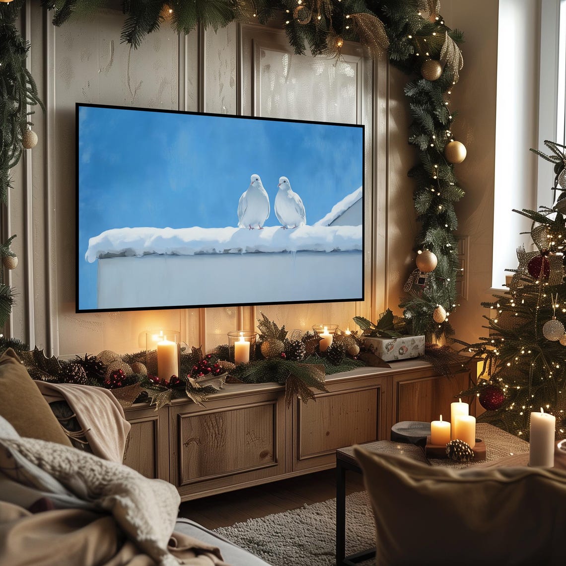 Two White Doves on Snowy Rooftop Blue Sky Winter Bird Poster - Image 3