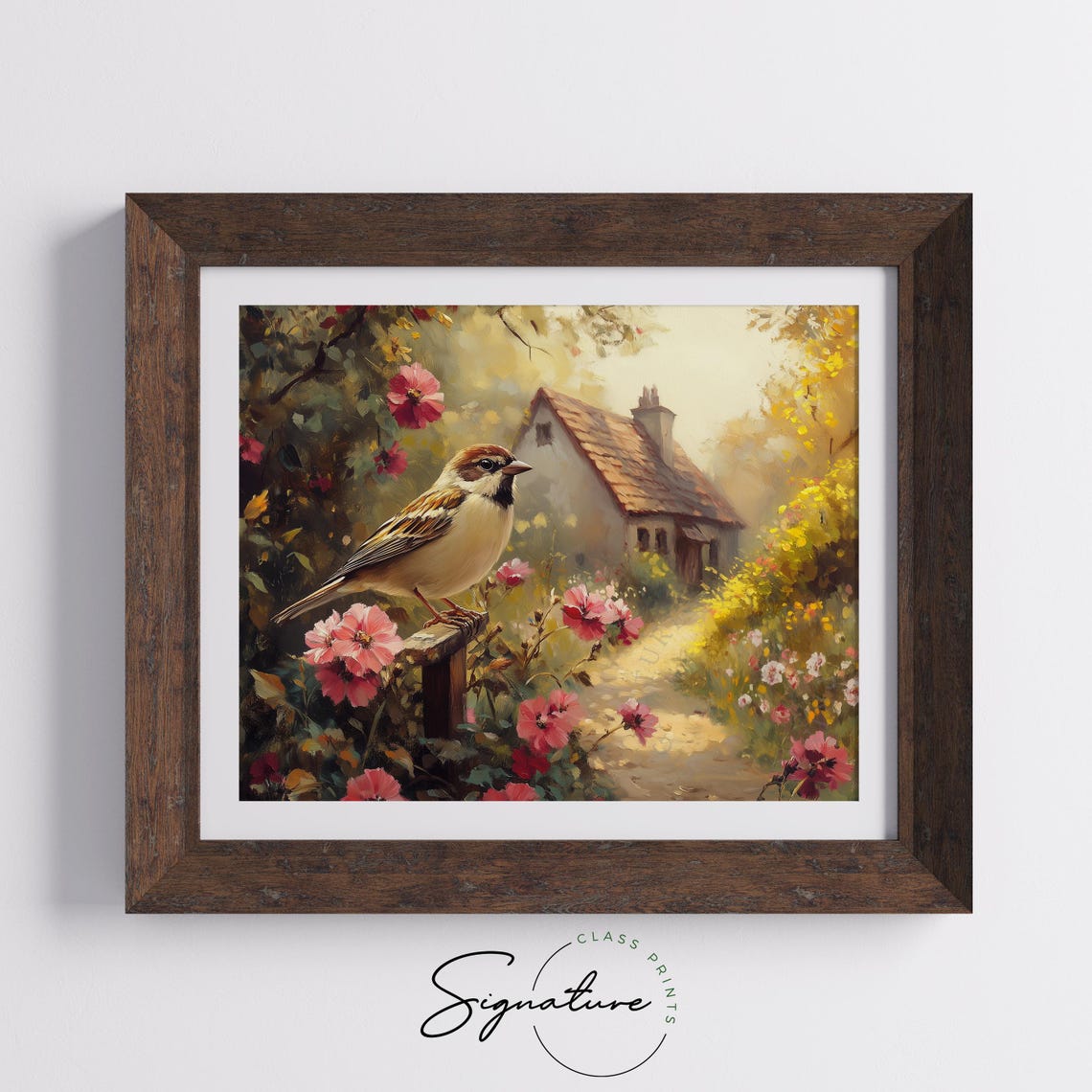 Sparrow Resting In Sunlit Flowering Cottage Garden Summer Poster - Image 3