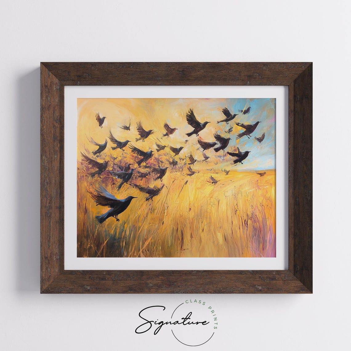 Starling Flock Flying Over Golden Meadow At Sunset Art Poster - Image 3