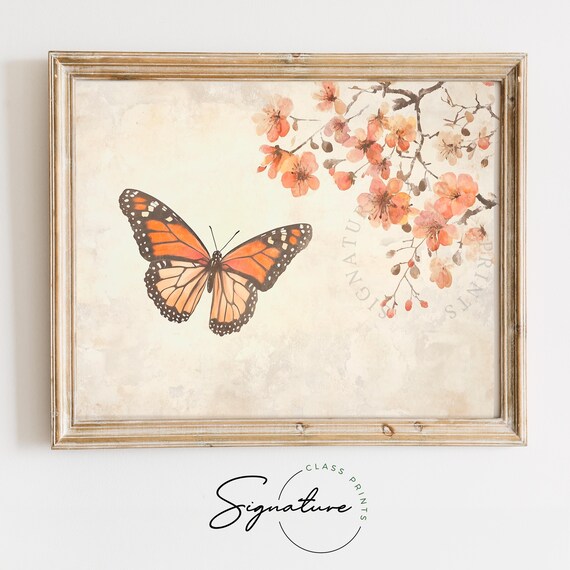Monarch Butterfly Over Soft Blush Blossoms Vintage Spring Wall Art