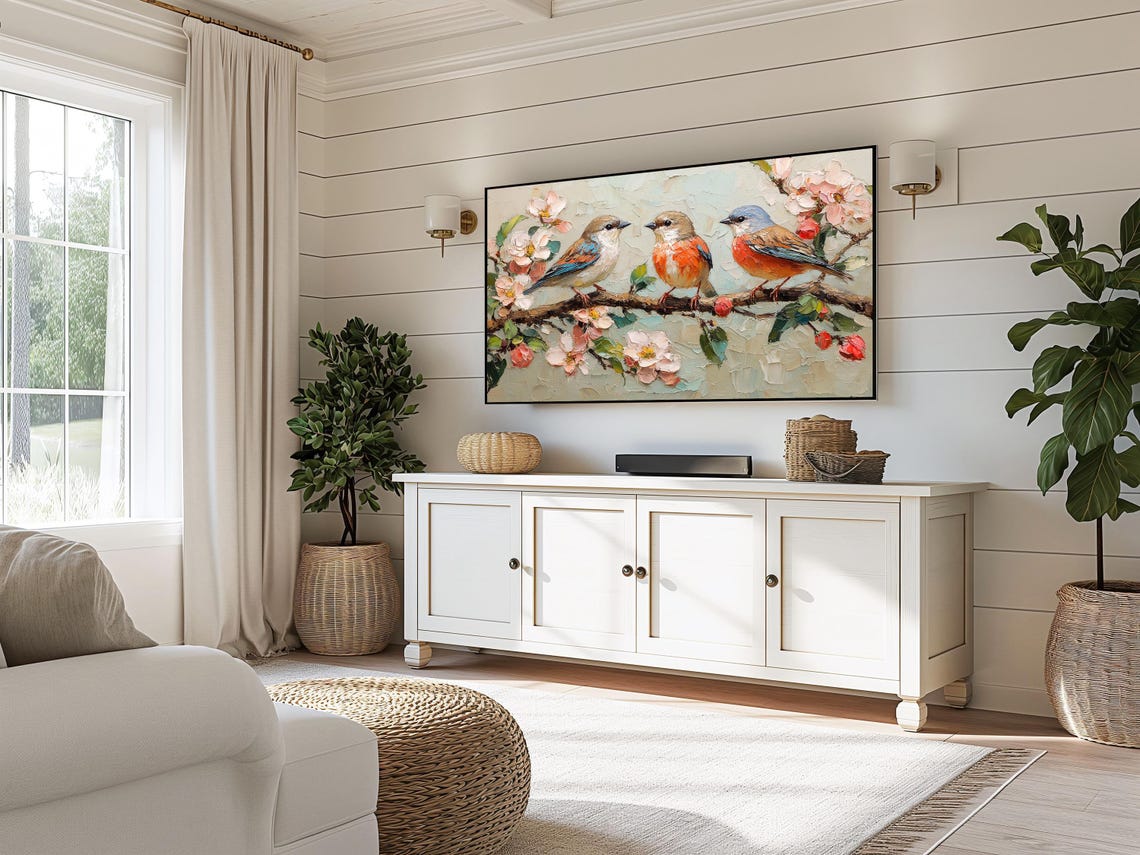 Three Blue Orange Finches On Pink Blossom Branch Impasto Poster - Image 3