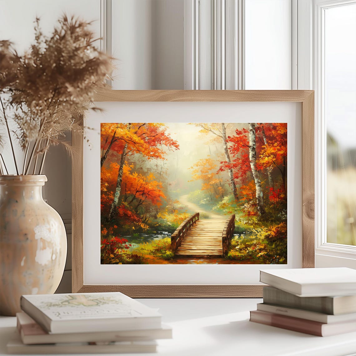 Misty Forest Path With Wooden Bridge Over Stream Autumn Poster - Image 2