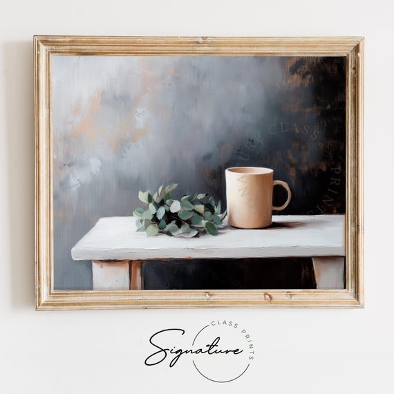 Minimalist Coffee Mug And Eucalyptus Art Earthy Rustic Still Life Cottagecore Kitchen Decor Moody Wall Art 1668