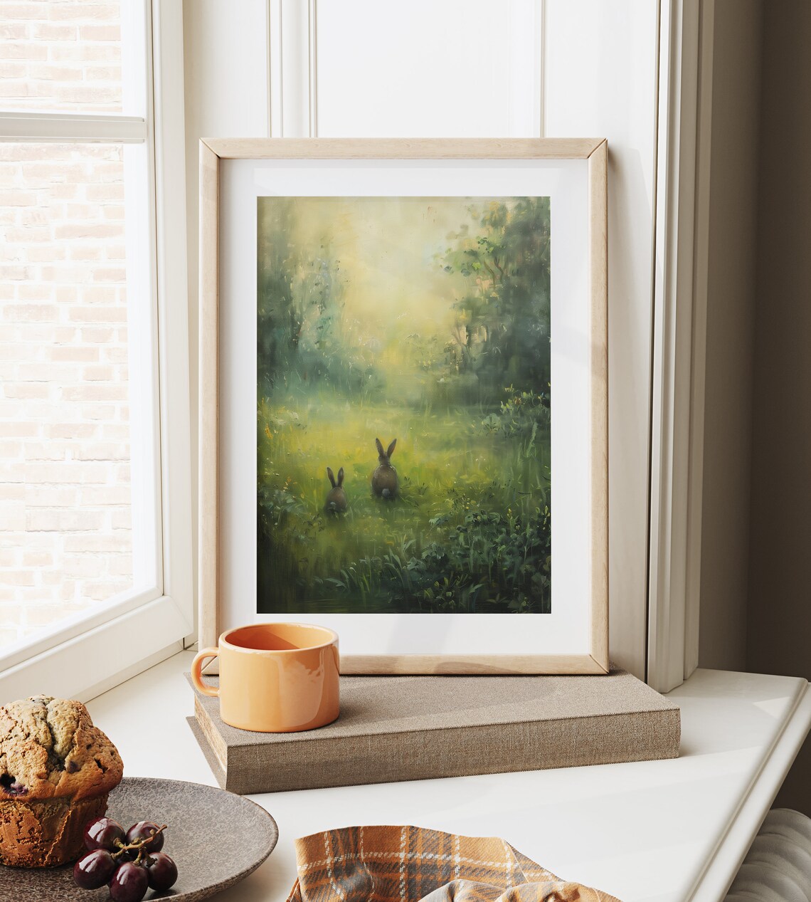 Two Bunnies In Sunlit Meadow Woodland Rabbit Painting Wall Art - Image 6