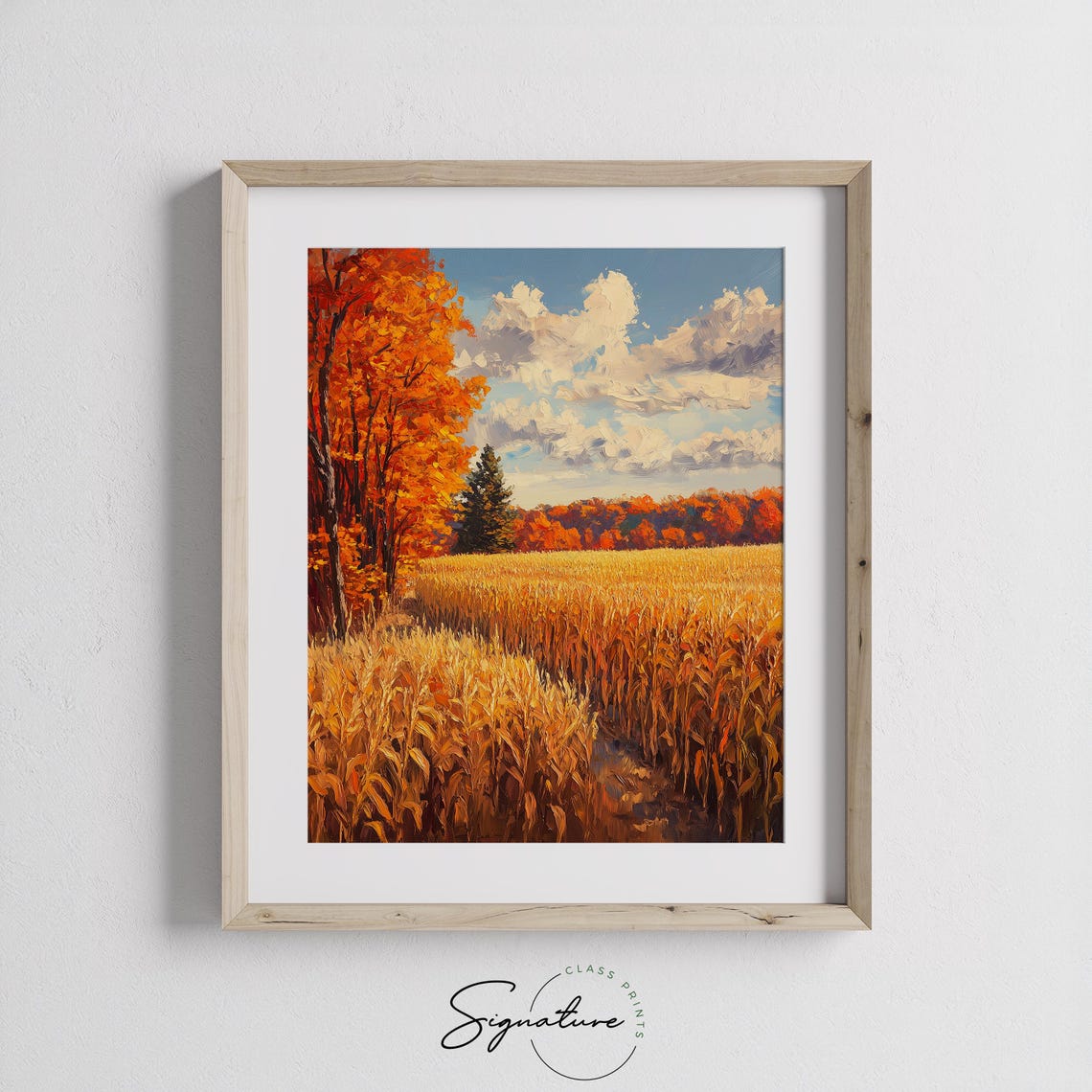 Golden Cornfield Path Bordered By Blazing Red Autumn Trees Poster - Image 3