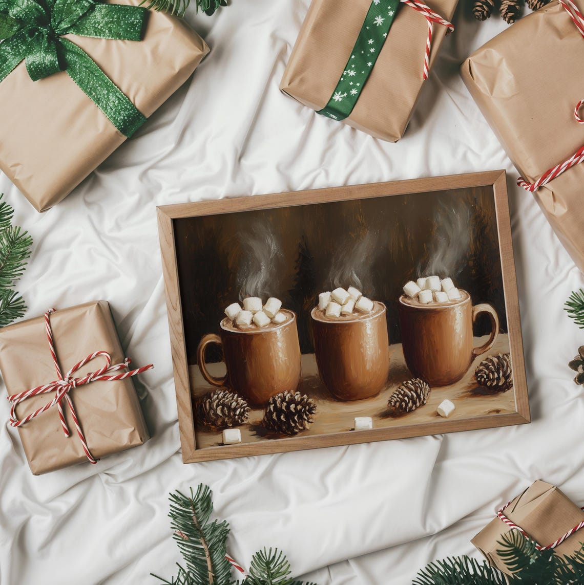 Three Steaming Hot Cocoa Mugs With Marshmallows On Wood Poster - Image 2
