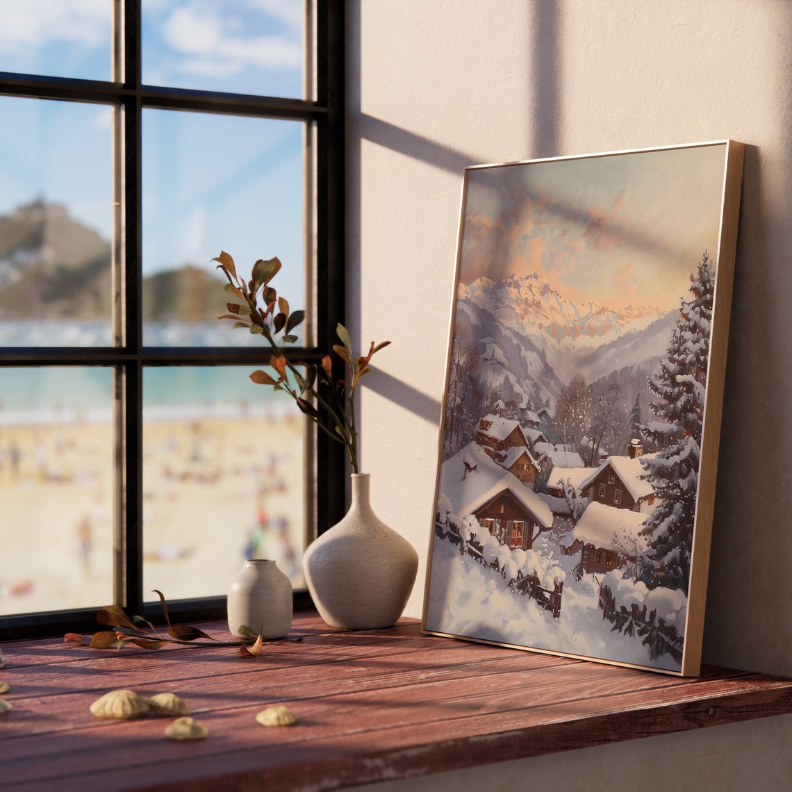 Snowy Alpine Village At Dusk Chalet Lights Winter Evening Poster - Image 5