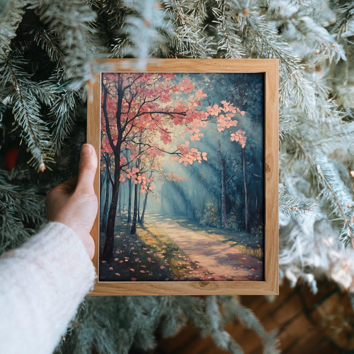 Romantic Pink Blossom Path Sunlit Spring Forest Landscape Poster - Image 6