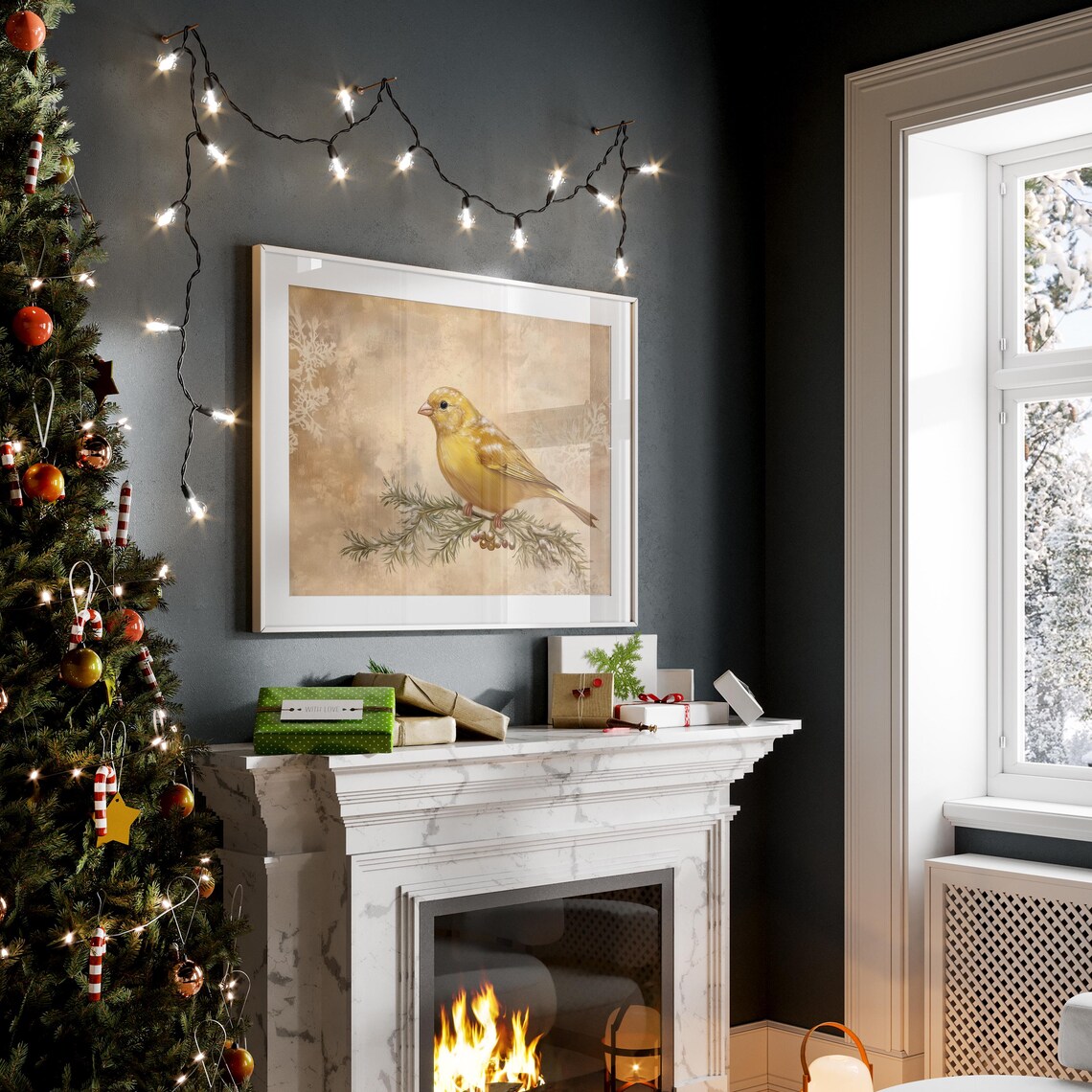 Yellow Canary on Juniper Branch Berries Vintage Winter Bird Poster - Image 2