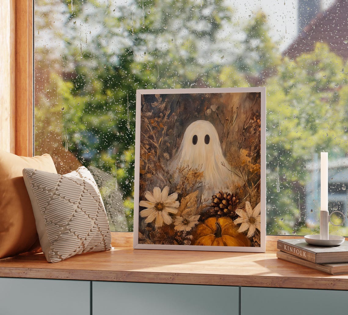 Ghost In Autumn Pumpkin Patch Rustic Earthy Fall Scene Cottagecore Ghostly Decor Moody Halloween Art Wall 1587 - Image 2