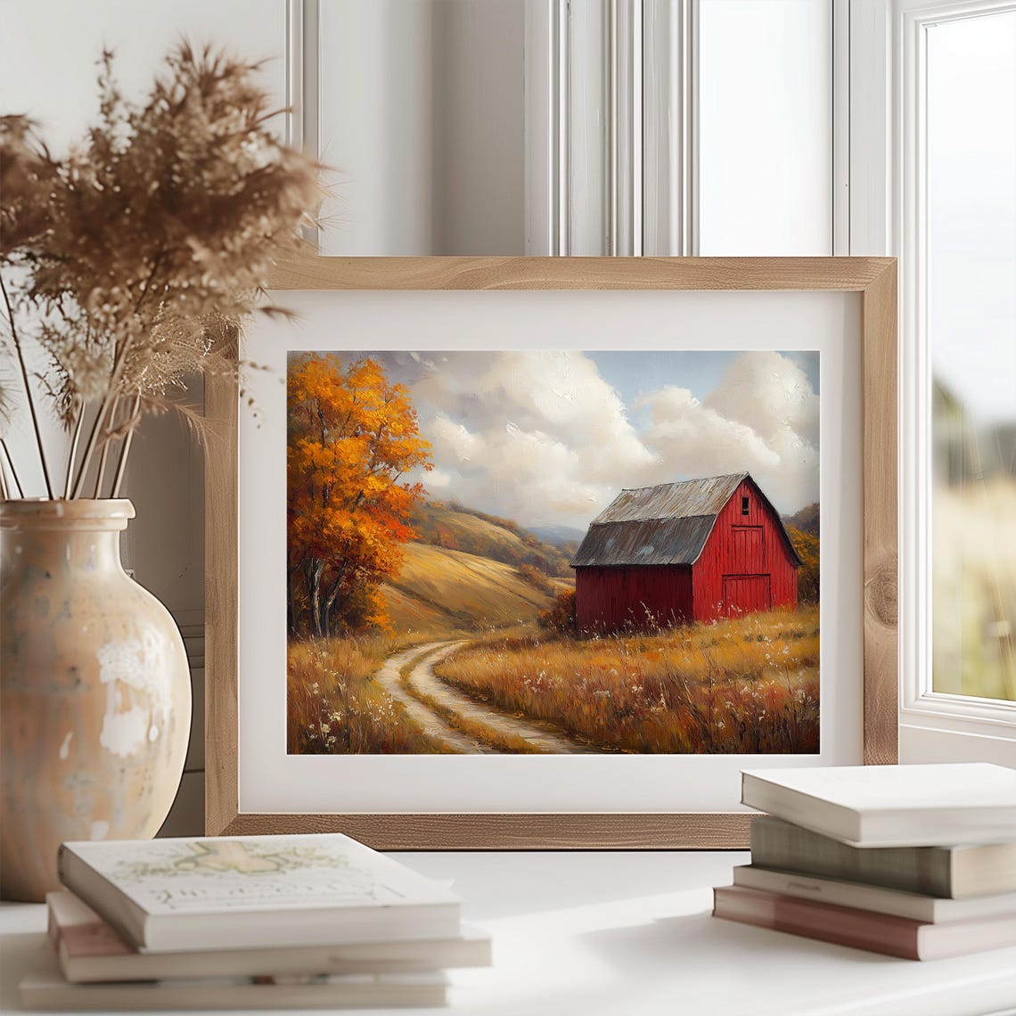 Red Barn Autumn Road Rolling Hills Fall Farmhouse Landscape Wall Art - Image 2