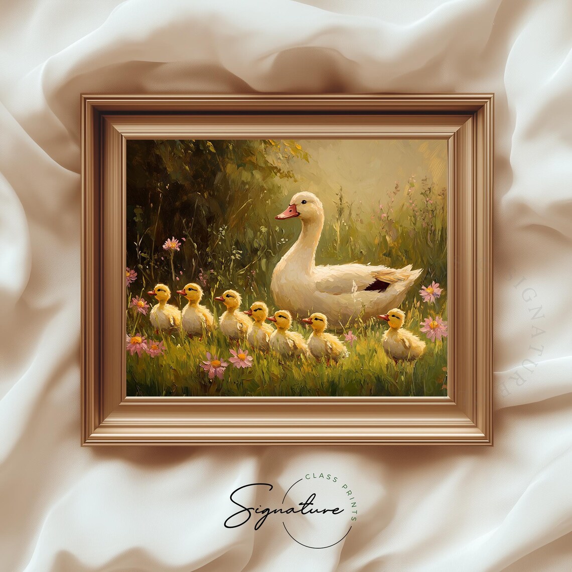 Mother Duck With Ducklings Art Print, Rustic Farmhouse