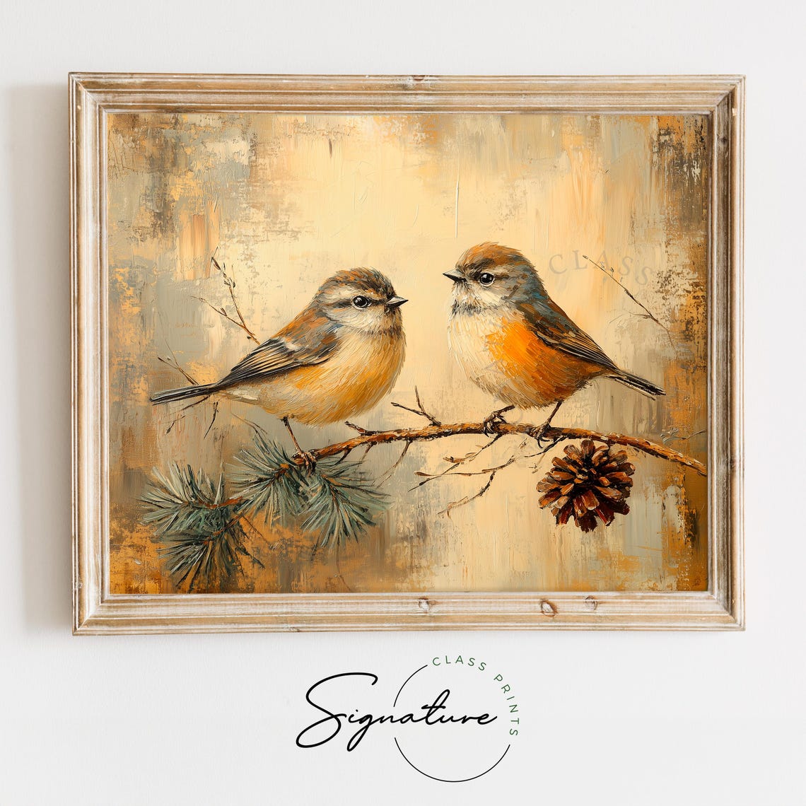 Two Small Songbirds On A Pine Branch With Pinecone Painting Poster
