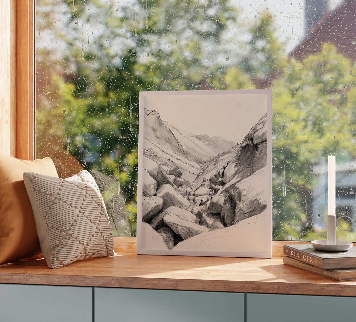 High Mountain Pass Boulder Field Rugged Charcoal Sketch Art Poster - Image 2