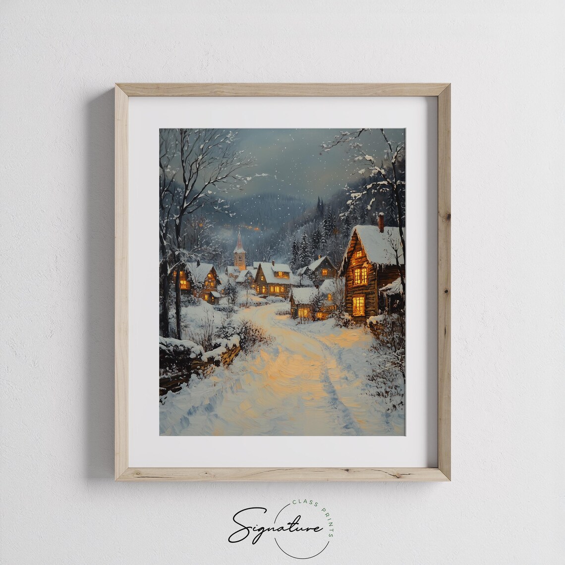 Winter Village Street With Falling Snow Art Print - Image 2