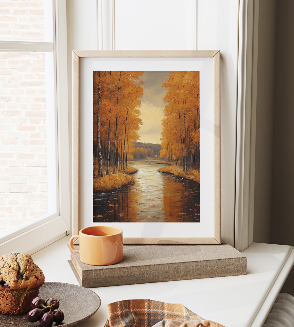 Golden Birch Trees Lining a Still River in Glowing Autumn Light Wall Art - Image 6