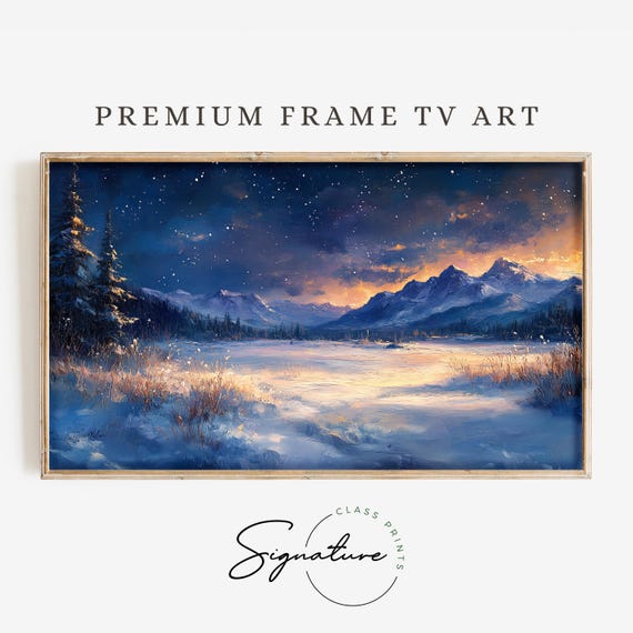 Starry Night Winter Meadow Tv Art Landscape Frame Tv Art Moody Nature Painting Deep Colors Wall Decor 3428